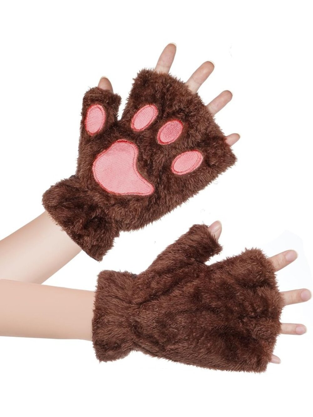 Women's Brown Fluffy winter mittens soft pink cat paw half-finger Gloves